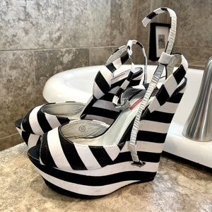 Black and White Striped Wedge Sandal